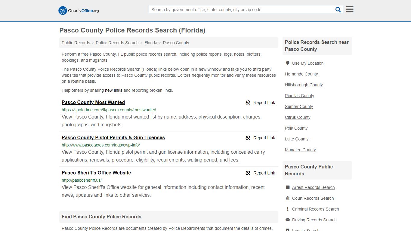 Pasco County Police Records Search (Florida) - County Office